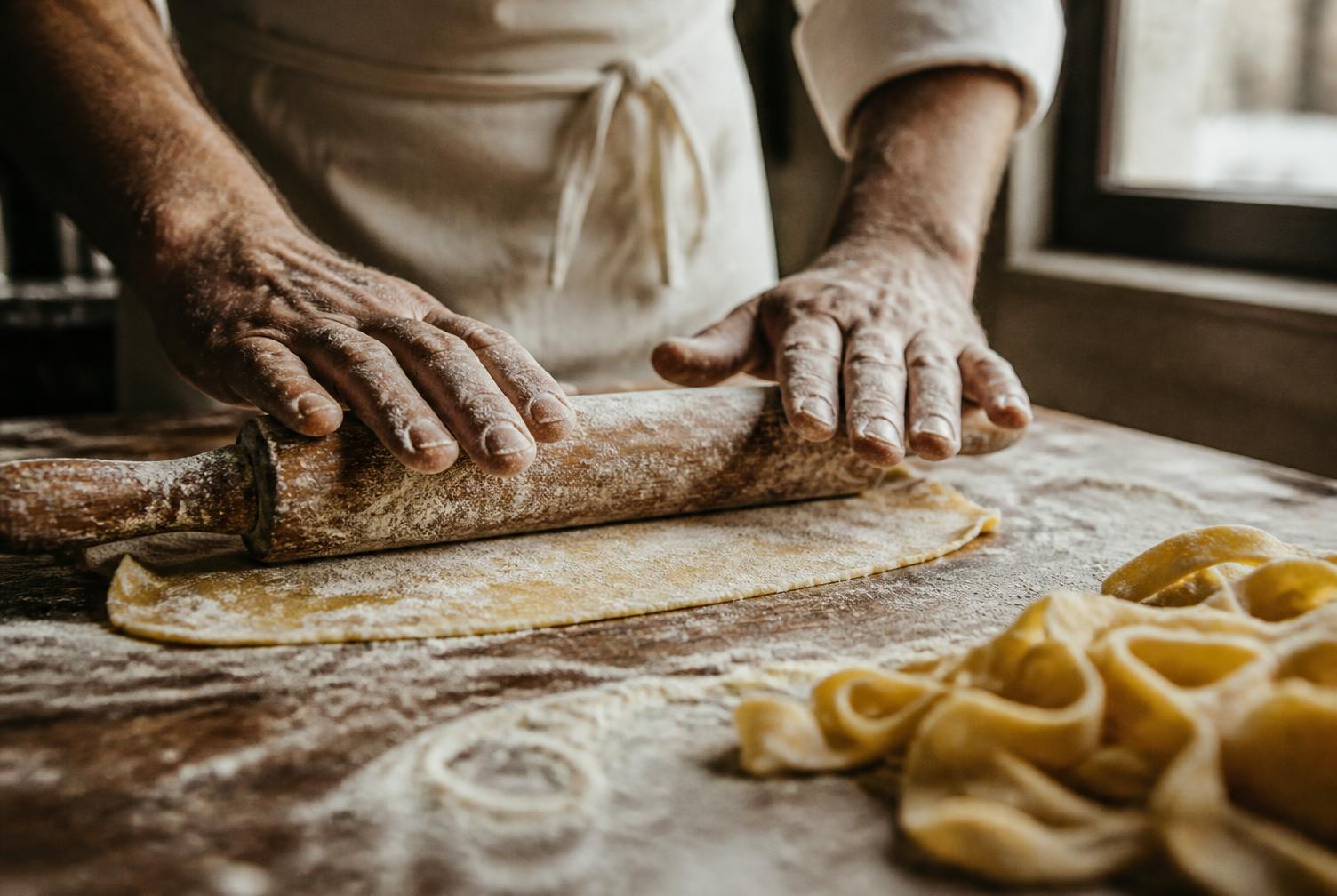 Händer som kavlar pastadeg för hand